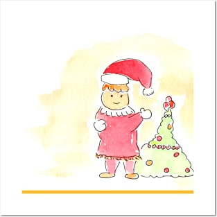 Human in Santa Claus hat near Christmas tree, character. Watercolor illustration on a winter theme, Posters and Art